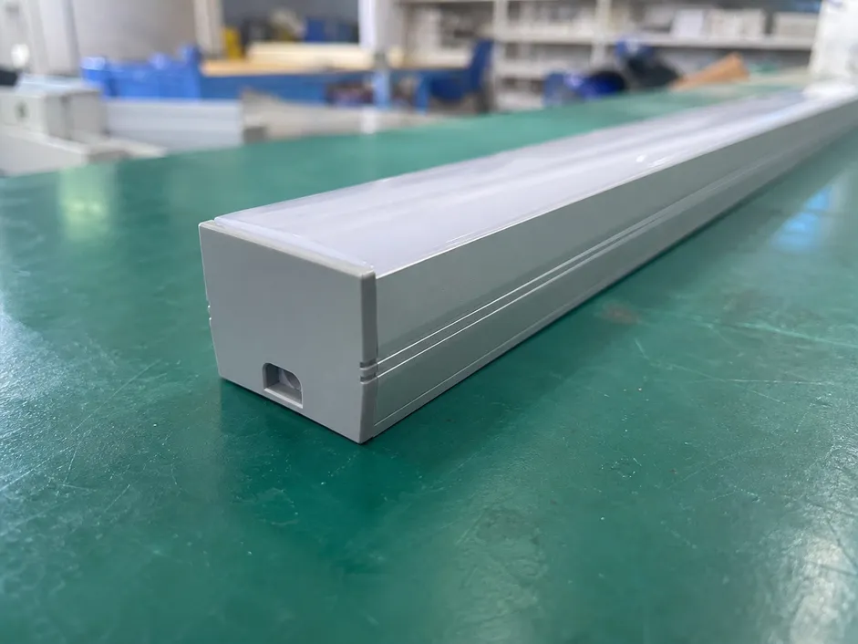 6063-T5 extruded aluminum linear LED profile with opal diffuser and end cap detail
