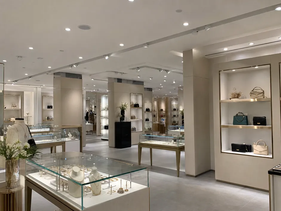 High-CRI architectural downlights and accent fixtures illuminating a premium retail showroom environment