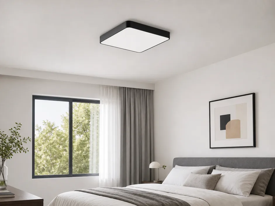 Contemporary flush mount ceiling lighting with opal acrylic diffuser and low-profile geometric frame