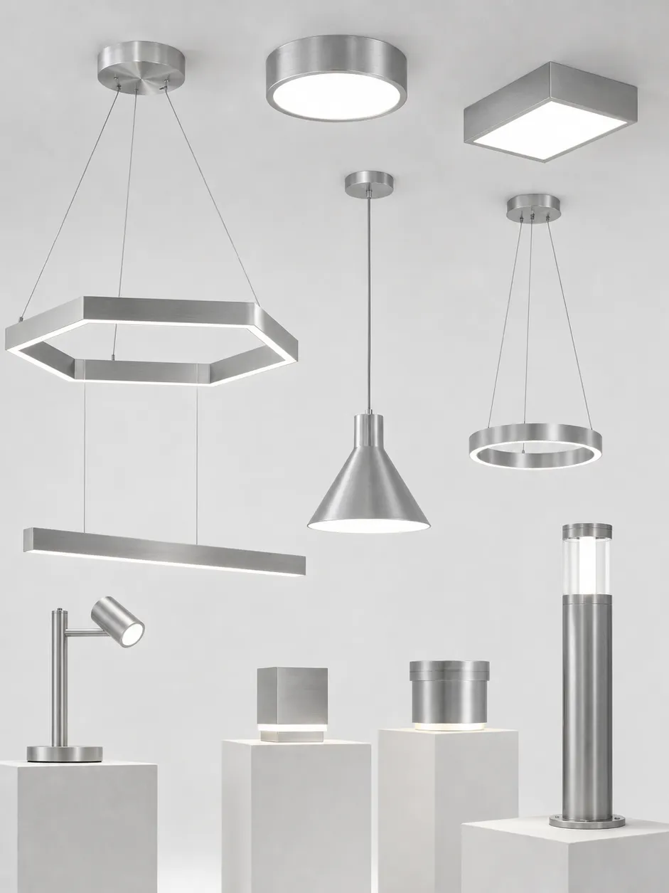 Contemporary lighting collection featuring geometric pendants and clean-line ceiling fixtures in brushed metal finishes