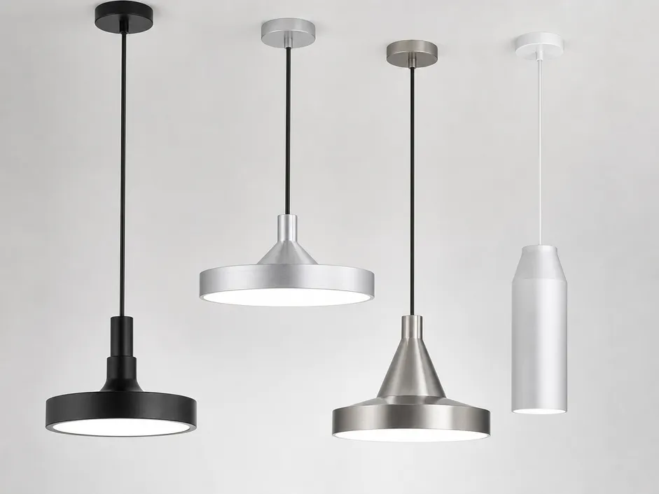 Geometric pendant fixtures showing clean canopy-to-body transitions and brushed metal finishes characteristic of contemporary design