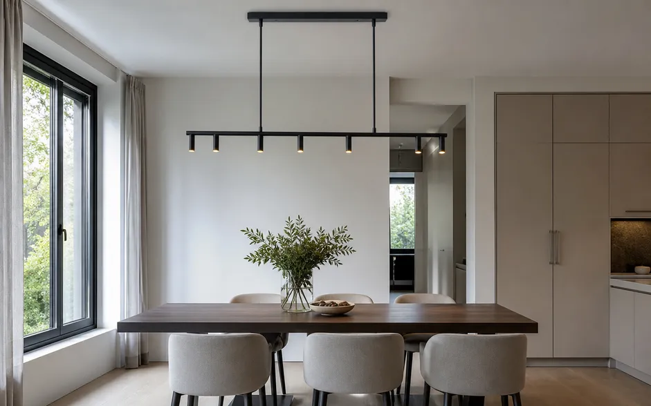 Contemporary linear pendant chandelier over rectangular dining table in matte black finish