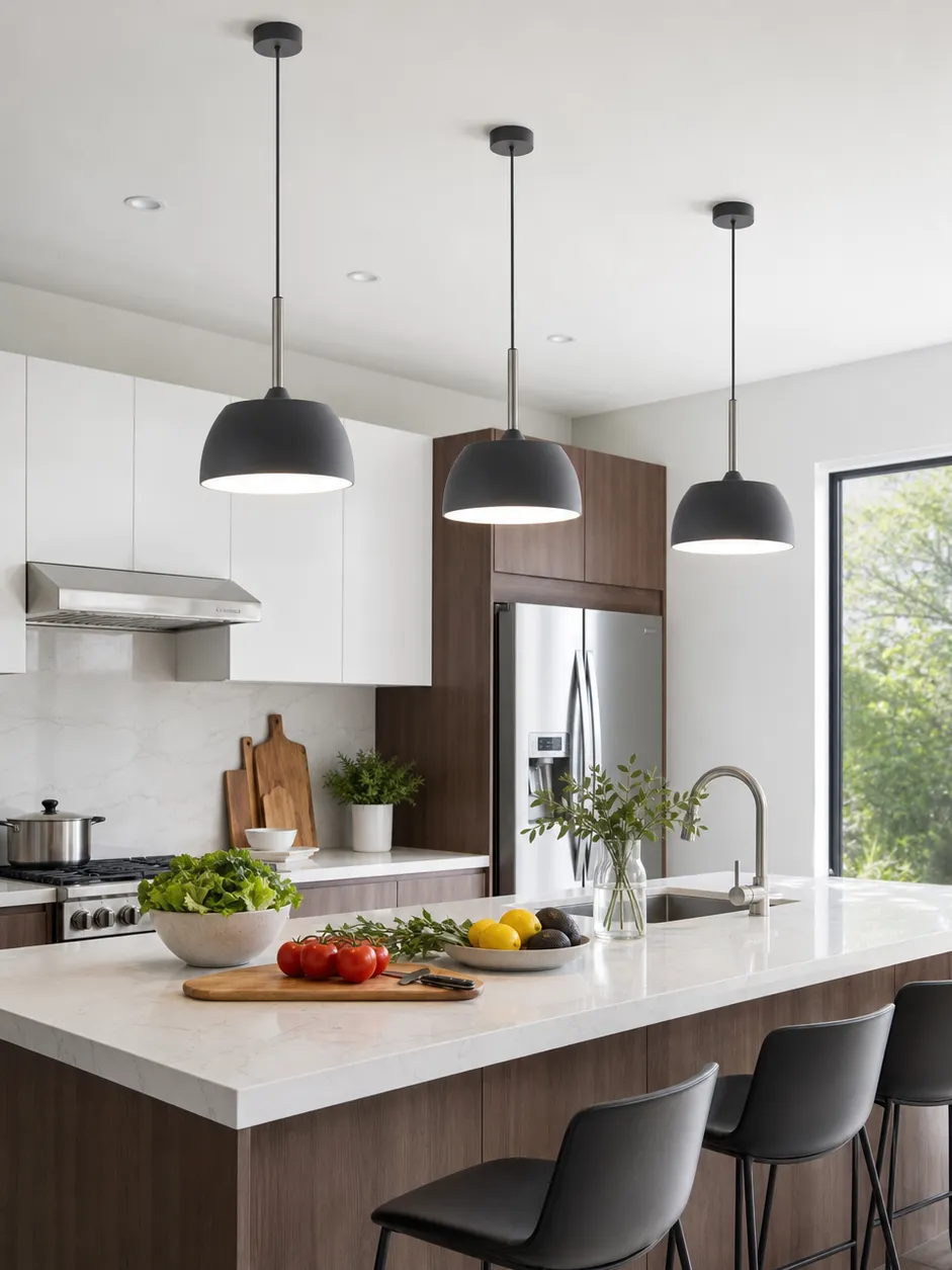 Contemporary kitchen pendant lighting over island workspace with high CRI output