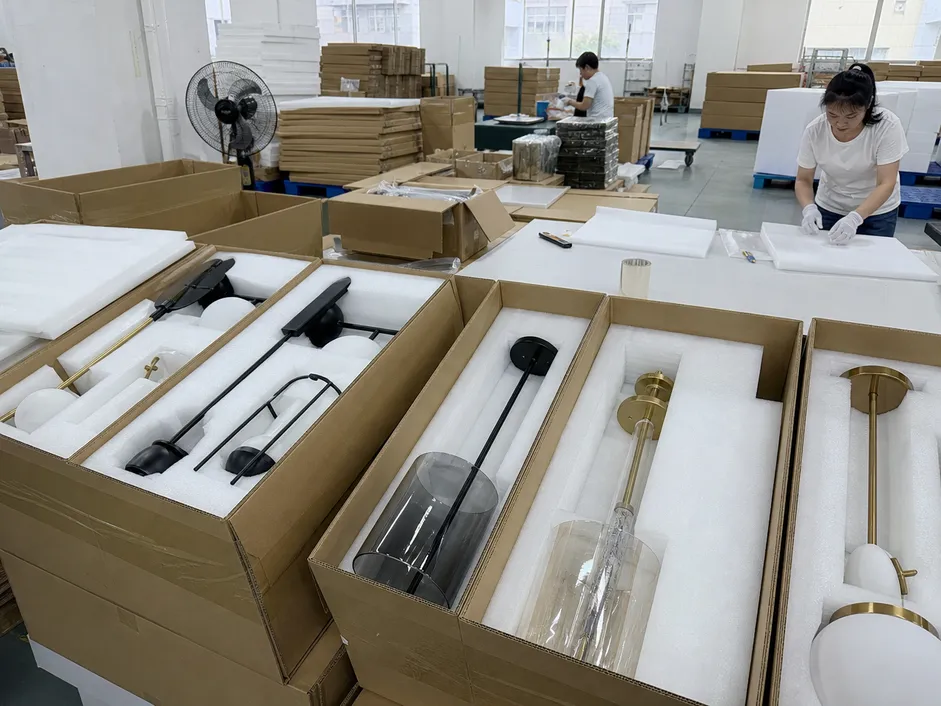 Custom foam-lined export packaging for contemporary lighting fixtures
