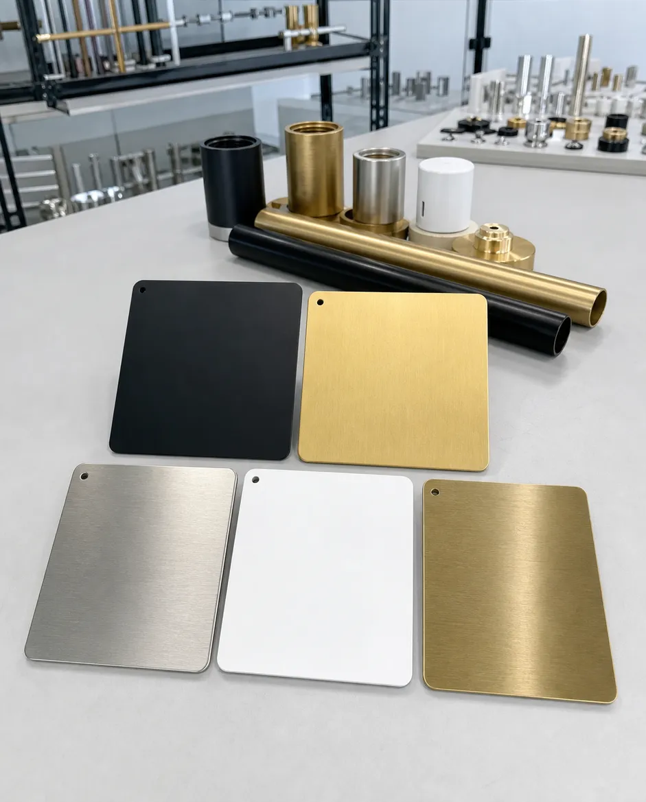 Contemporary lighting finish samples showing matte black, brushed gold, brushed nickel, matte white, and satin brass options