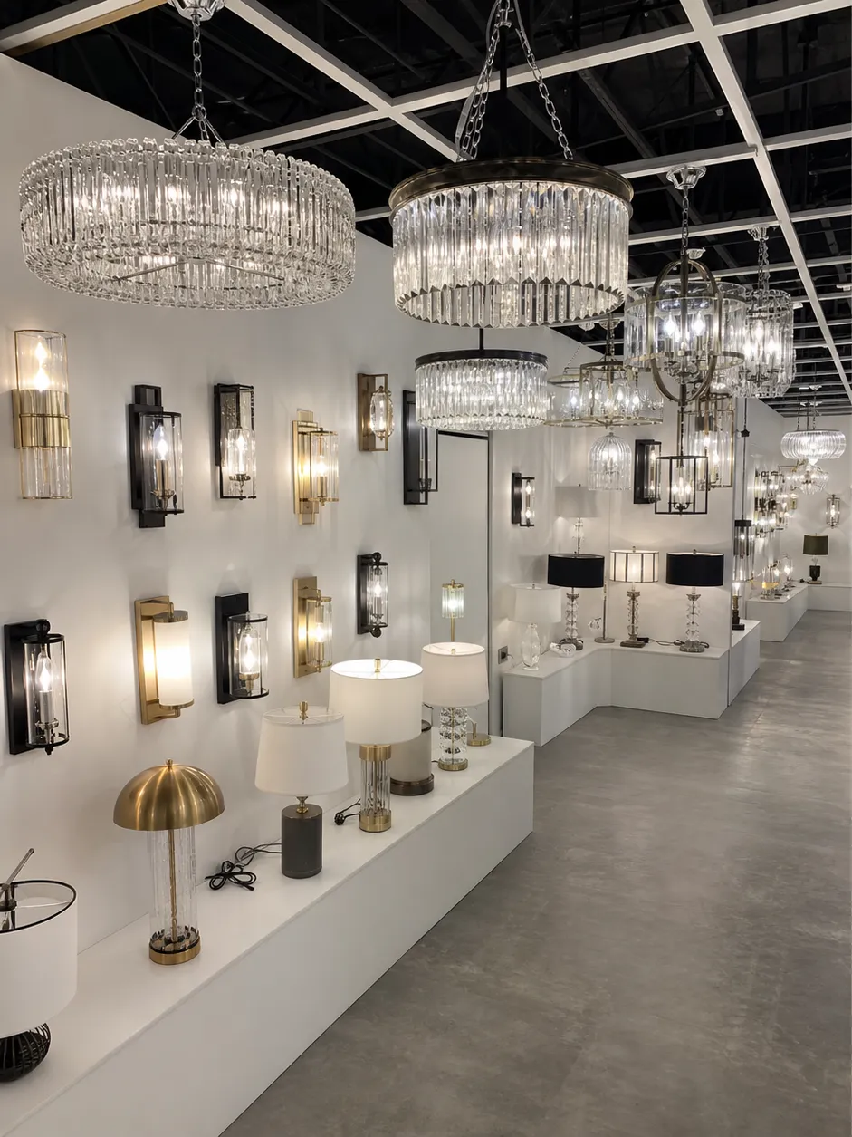 ASCLighting decorative lighting collection featuring pendants, chandeliers, and sconces in a showroom setting