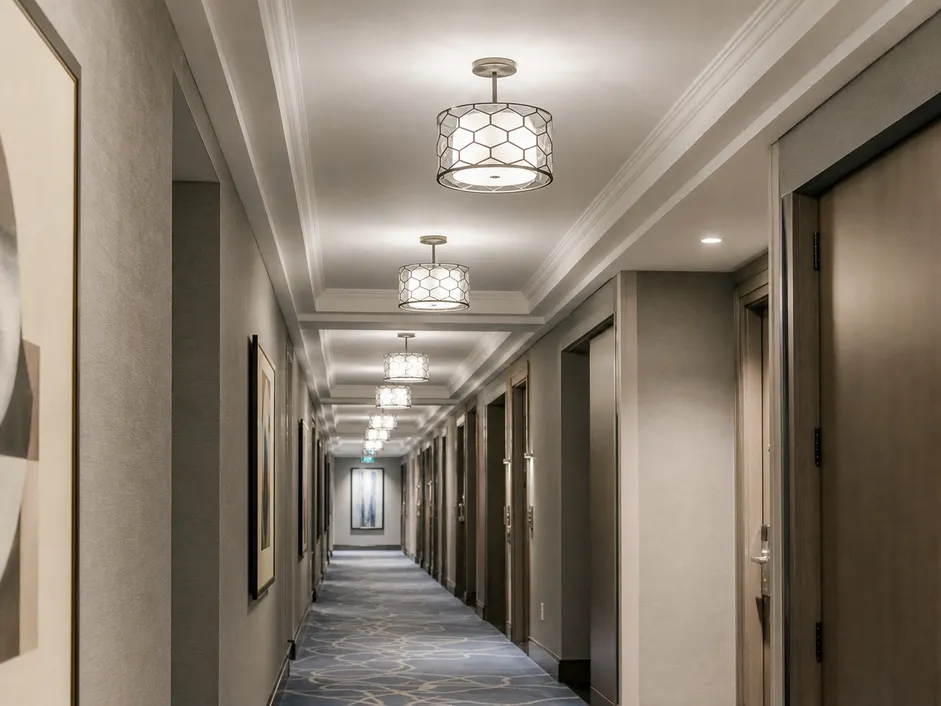 Decorative pendant lighting installed in a luxury hotel corridor showing consistent finish across multiple fixtures