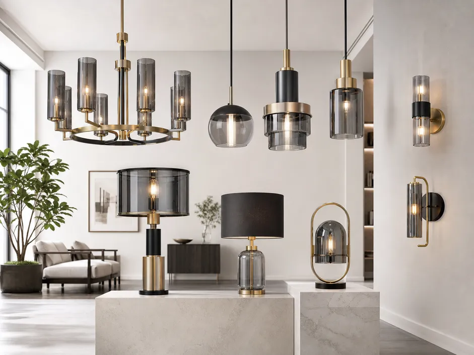 Contemporary lighting collection showcasing mixed metals, smoked glass, and layered design forms