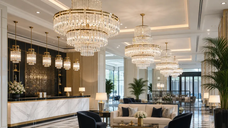 Luxury lighting collection featuring multi-tier crystal chandeliers and brass-finished pendants for hospitality environments