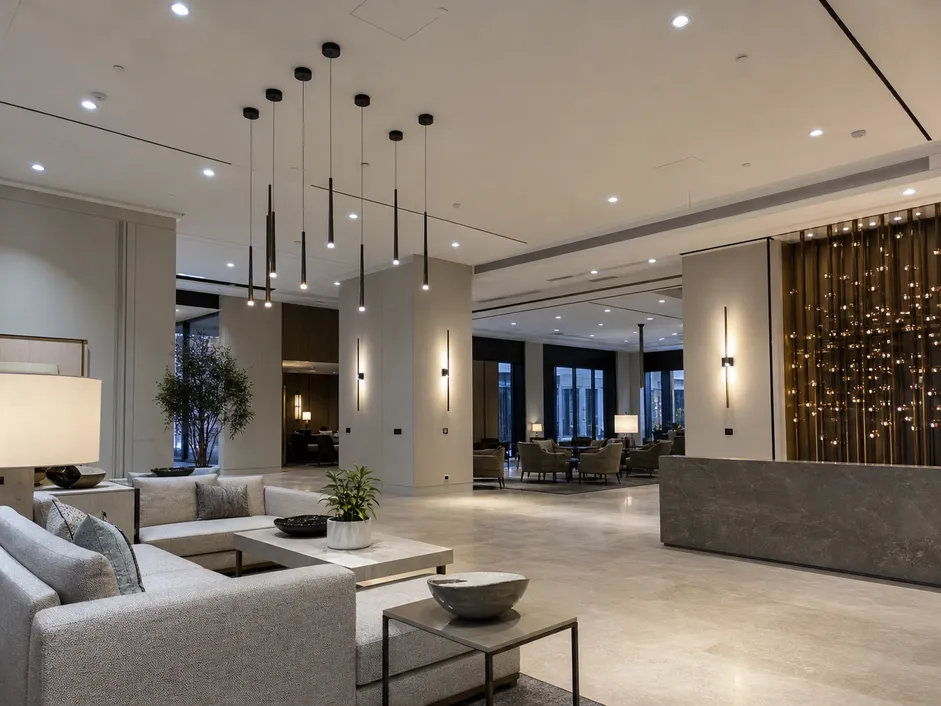 Commercial lighting installation in a hospitality project showing multiple fixture types from different collections
