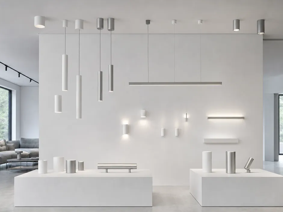 Minimalist lighting fixtures featuring clean geometric forms in matte white and brushed aluminum finishes