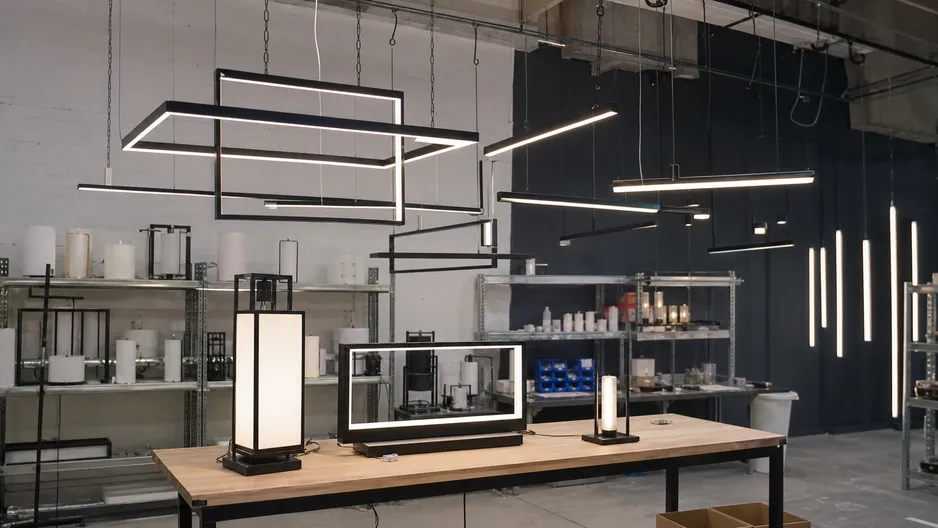 Modern lighting collection showing clean-line geometric pendants and linear chandeliers in matte black finish
