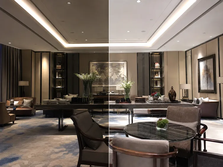 High CRI lighting demonstration showing accurate color rendering on hospitality interior surfaces
