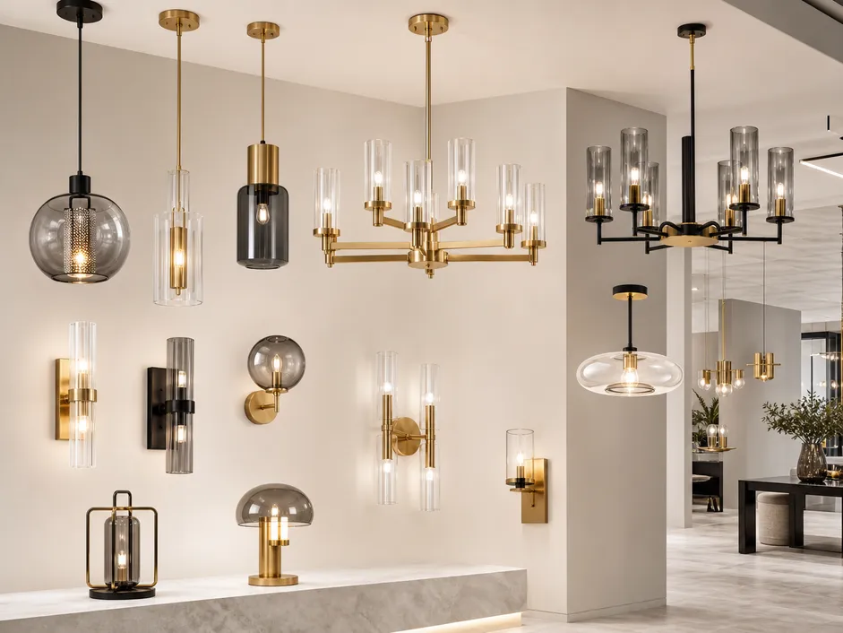 Luxury lighting collection showing pendants, chandeliers, and wall sconces with consistent premium finish quality