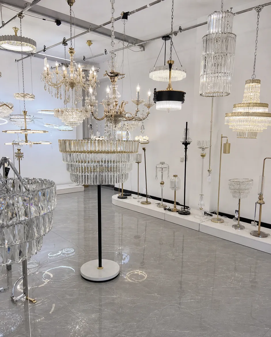ASCLighting factory showroom with luxury chandelier samples ready for wholesale evaluation