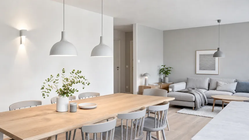 Nordic-style interior with matte white and warm grey minimalist fixtures