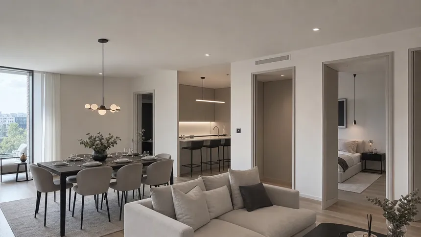 Premium apartment development with minimalist pendant lighting specified across multiple units