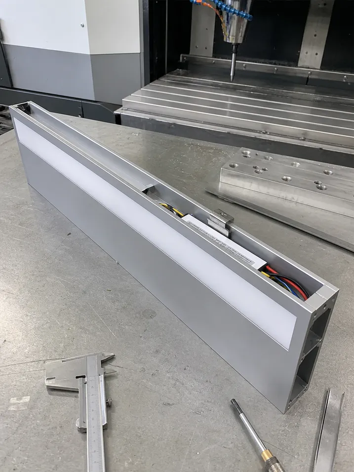 CNC-machined minimalist lighting prototype sample developed by ASCLighting R&D engineering team