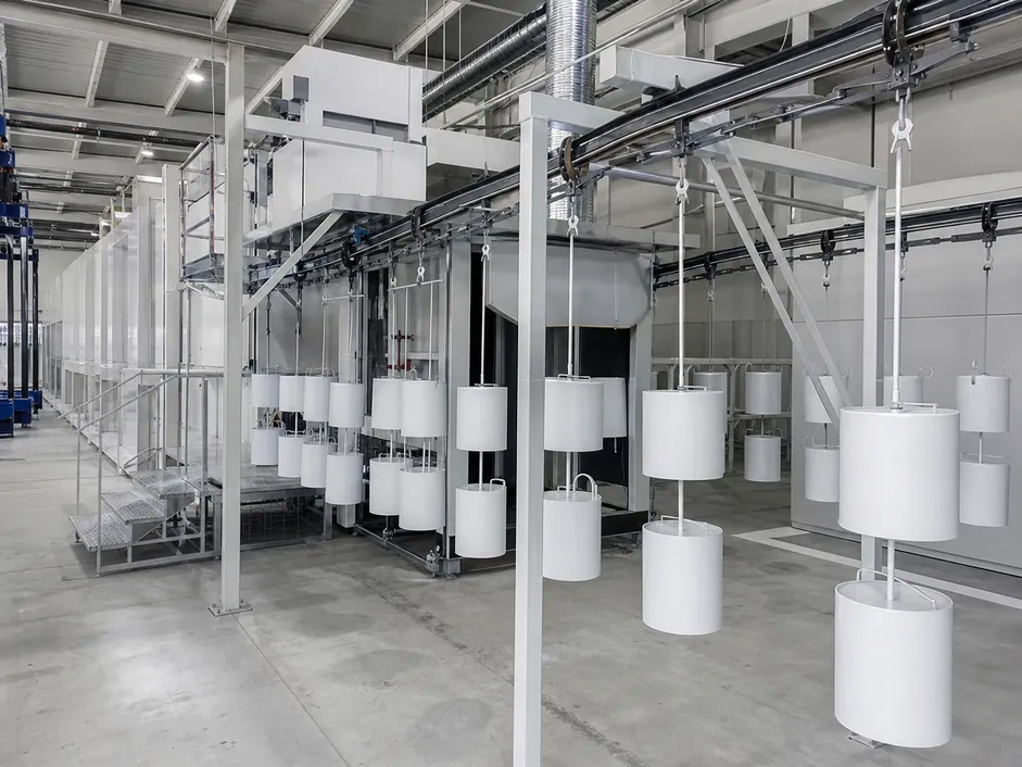 Automated powder coating application line ensuring batch finish uniformity on minimalist lighting housings
