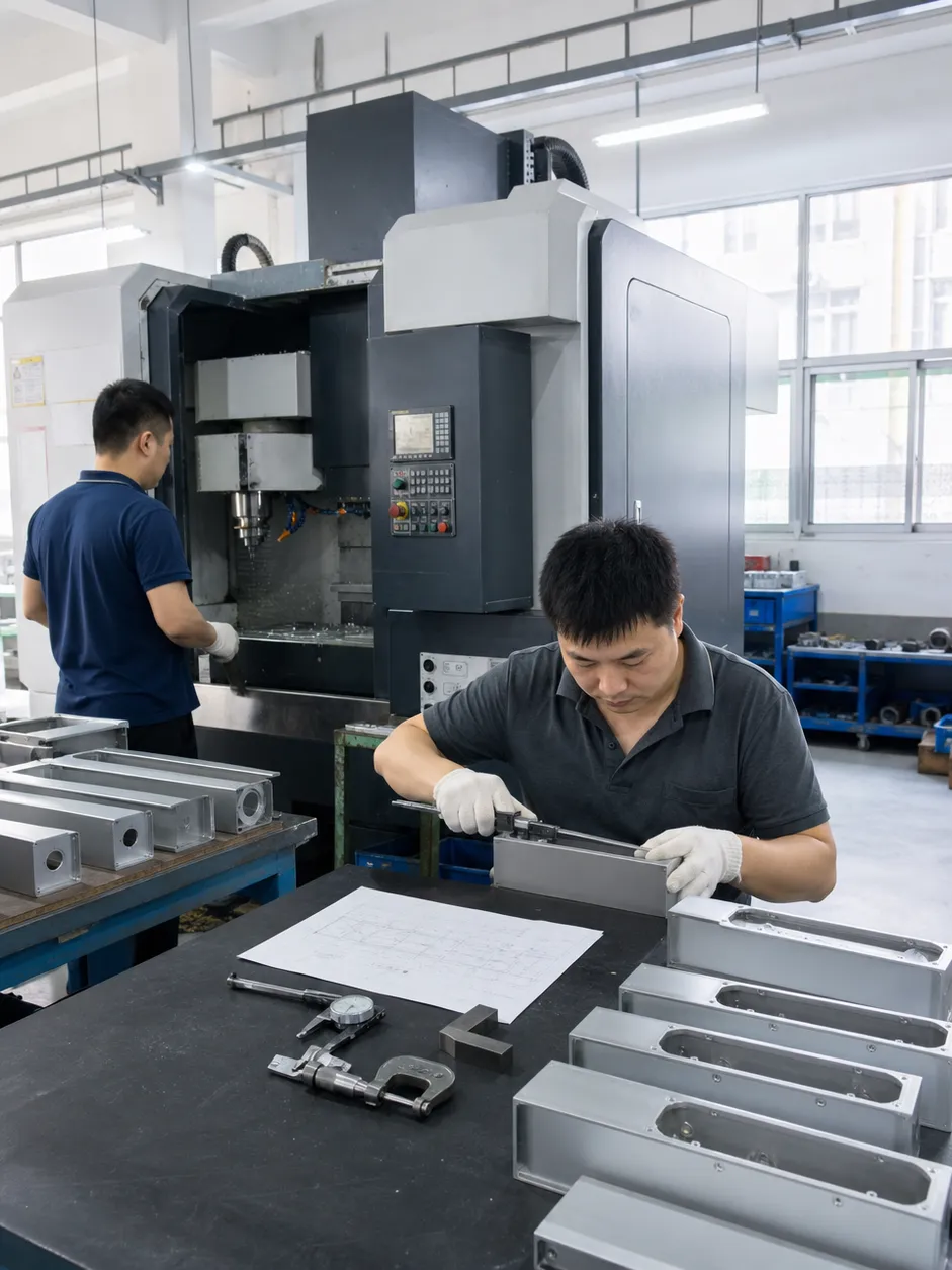 ASC Lighting factory floor showing CNC machining and quality inspection of minimalist fixture housings