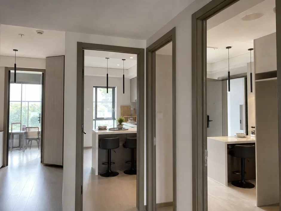 Modern pendant lighting installed across a multi-unit residential apartment development showing consistent specification across units
