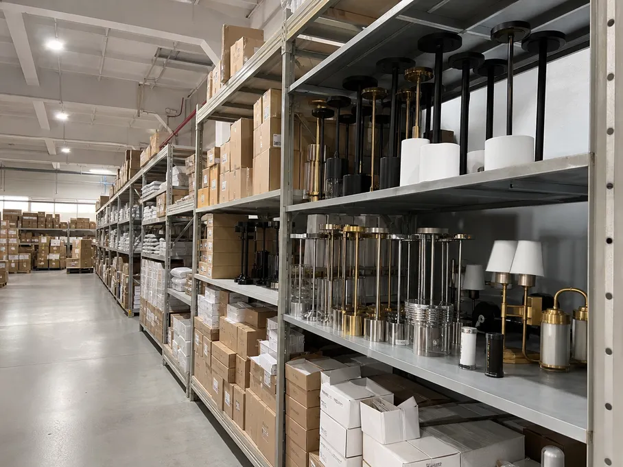Lighting distributor warehouse showing organized Modern collection inventory across multiple finish options