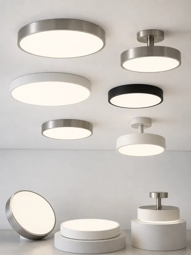 Modern flush and semi-flush ceiling fixtures in brushed nickel and warm white finishes
