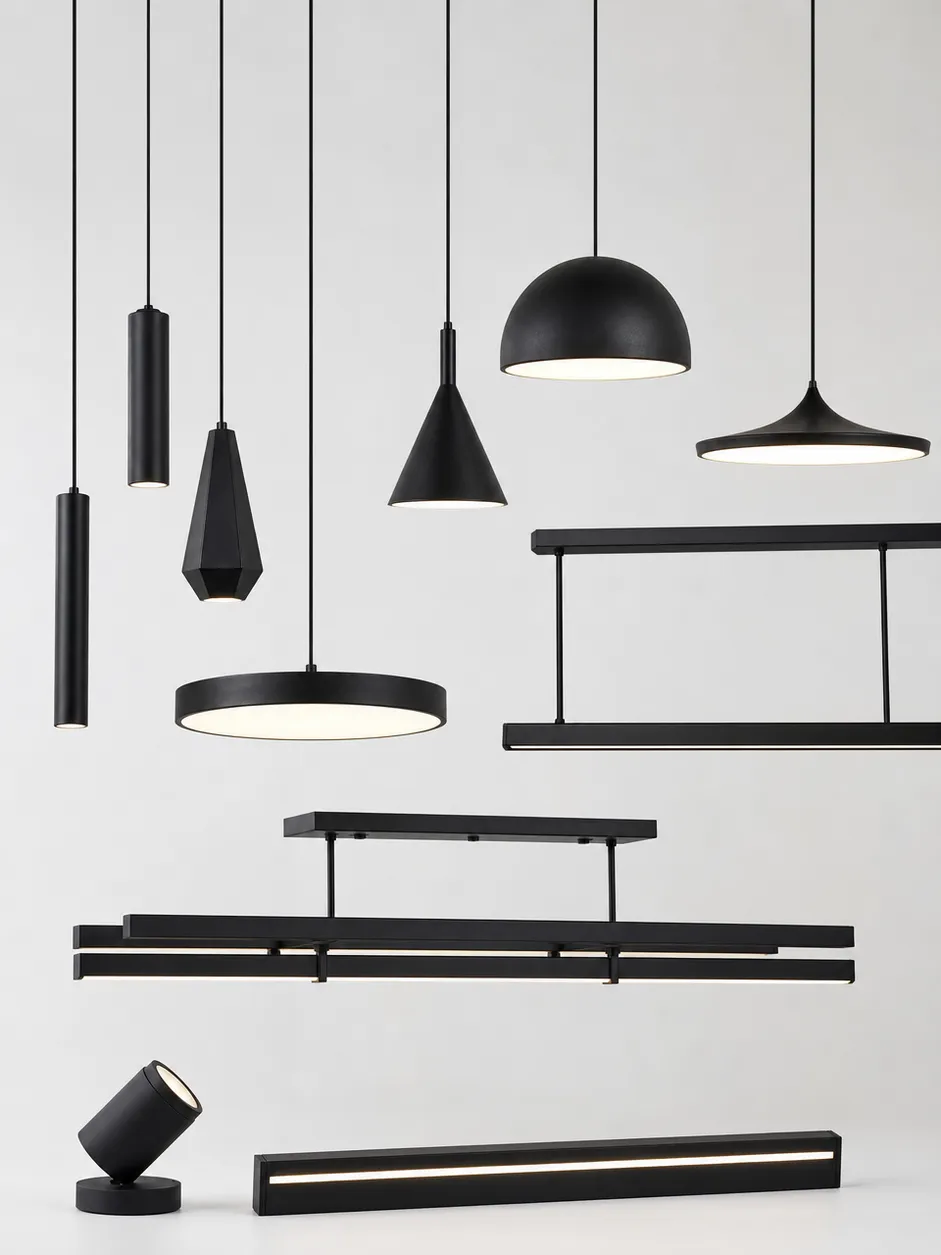 ASCLighting Modern Collection — clean-line pendant and linear chandelier fixtures in matte black finish