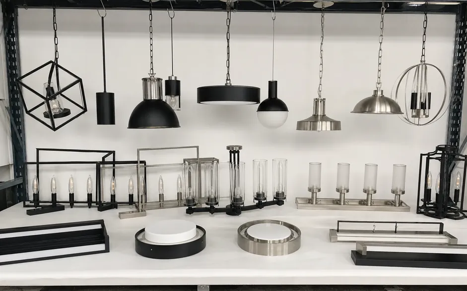 Modern collection range — pendants, ceiling fixtures, and linear chandeliers in matte black and brushed nickel