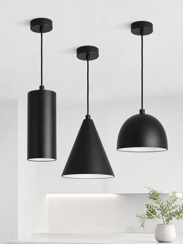 Modern pendant lighting — matte black cylinder and cone shades with adjustable cord suspension