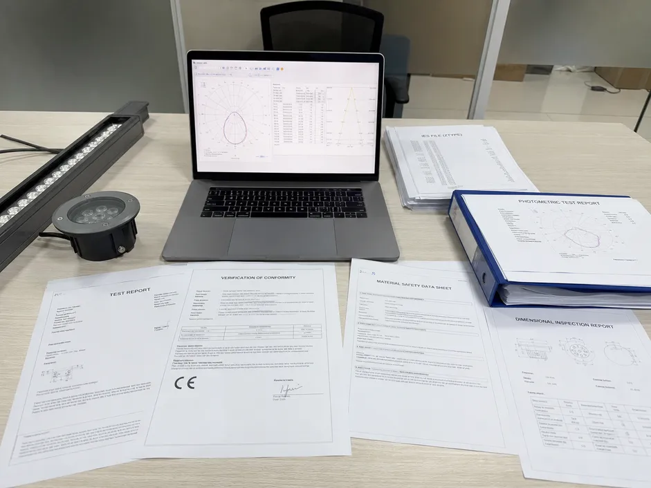 Custom architectural lighting certification documentation package including CE declaration, photometric reports, and IES files