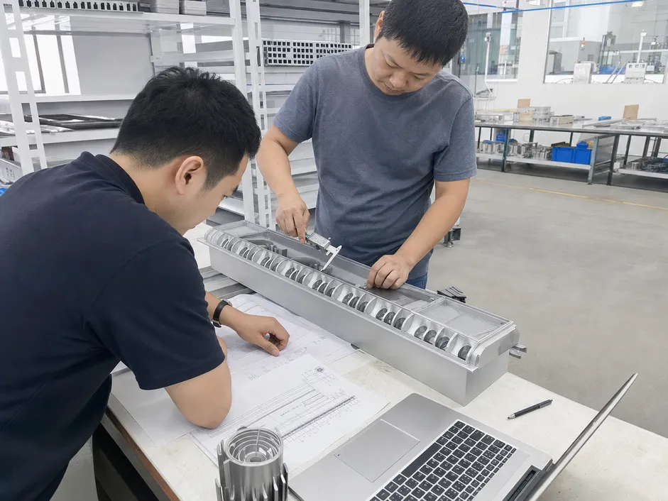 CNC-machined architectural lighting prototype undergoing engineering review