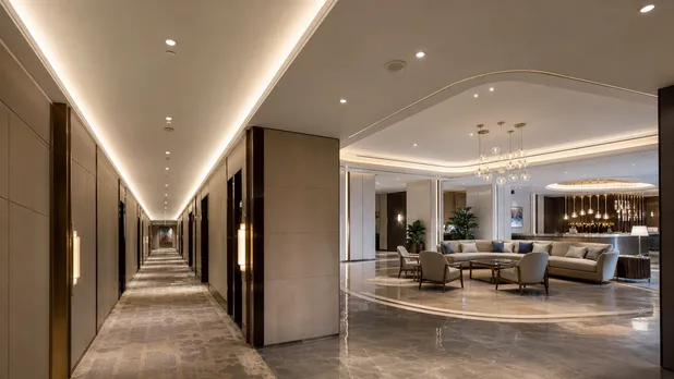 Custom lighting in a luxury hotel corridor and lobby