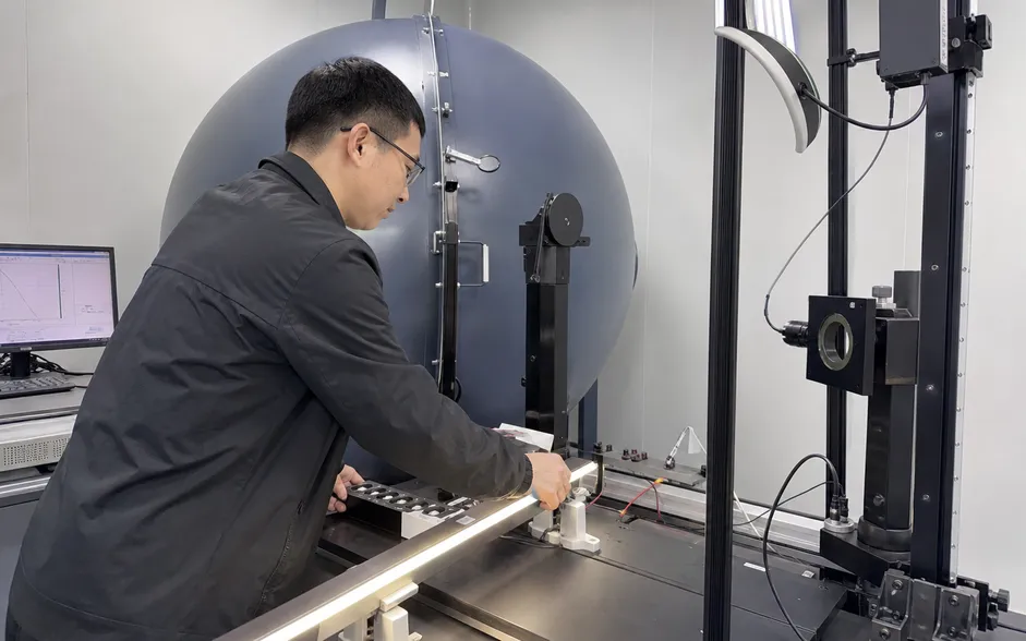 In-house optical lab performing photometric validation on a custom architectural lighting prototype