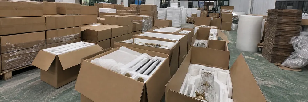Custom architectural lighting fixtures individually packaged in foam-lined cartons prepared for container loading