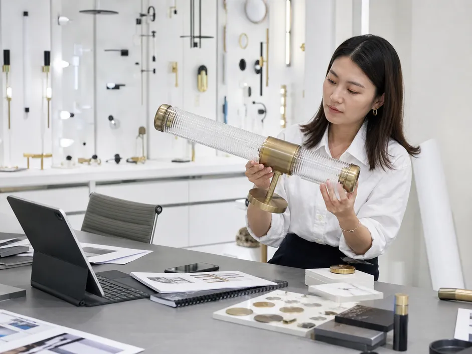 Interior designer reviewing custom fixture sample for client approval