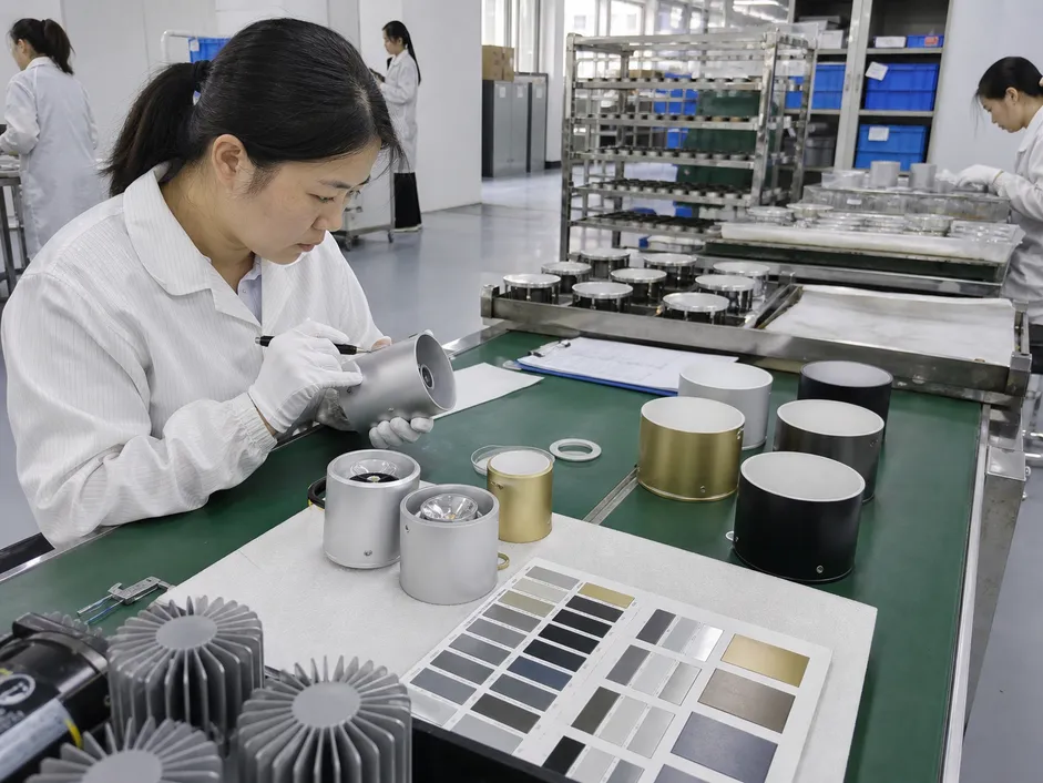 Quality control finishing inspection checkpoint on custom lighting fixture production line