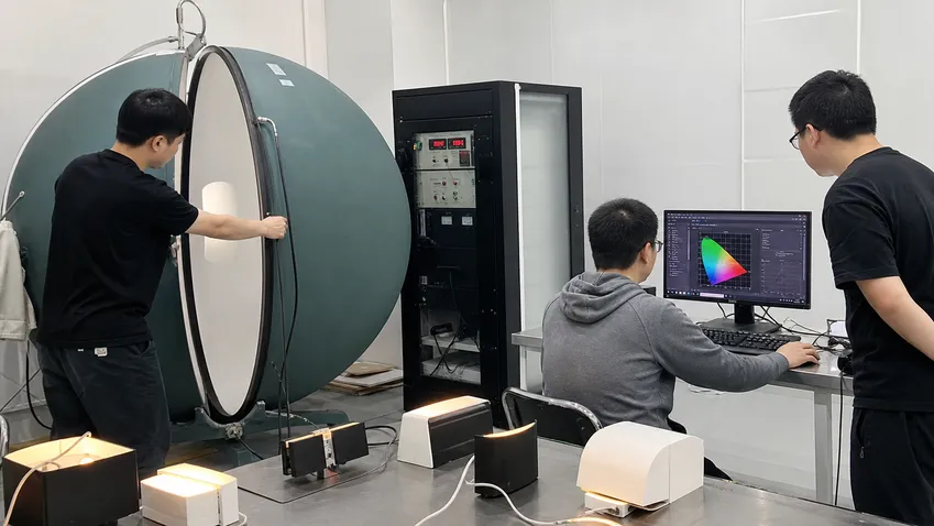 In-house optical lab running photometric testing on custom wall sconce designs