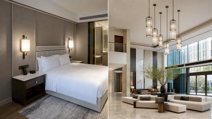 Hotel FF&E custom lighting program with guestroom sconces and lobby pendants