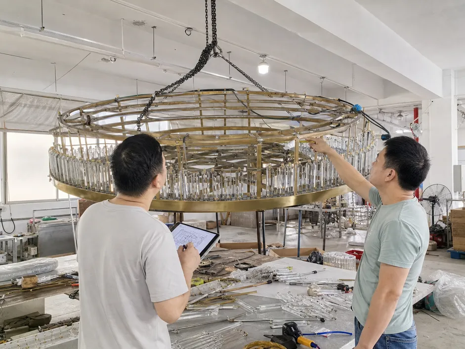 Large-format ballroom chandelier undergoing structural engineering review