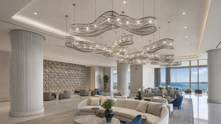 Resort and boutique hotel custom lighting with architectural-scale decorative pieces