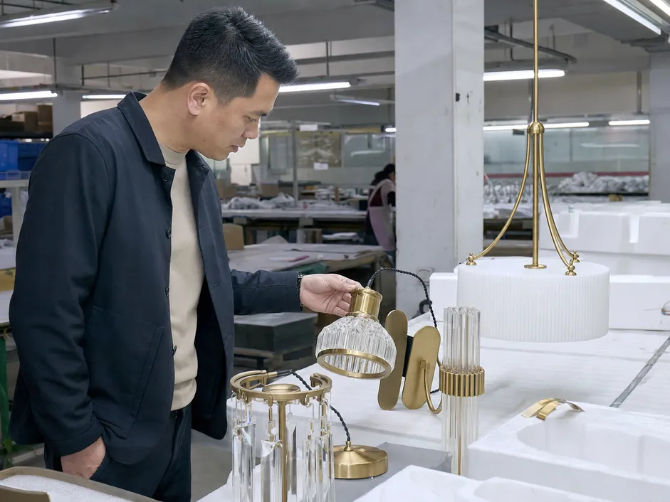 Interior designer reviewing custom lighting fixture samples sourced direct from factory