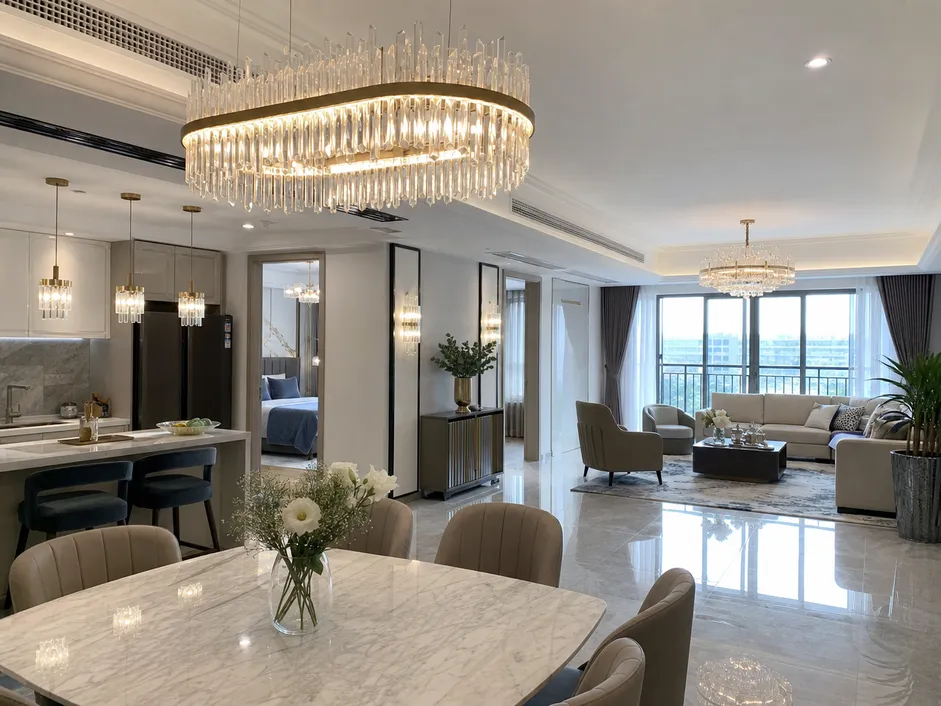 Decorative chandelier and pendant lighting installed across luxury residential development units