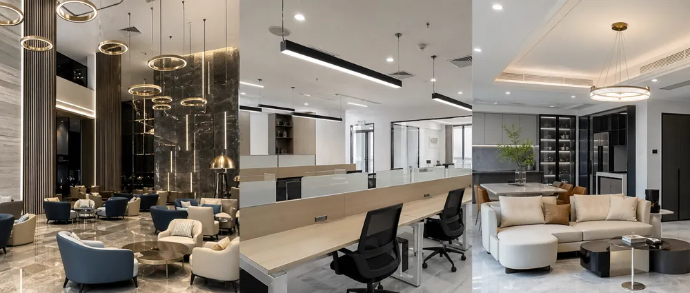 Custom lighting installations across hospitality, commercial, and residential distribution projects