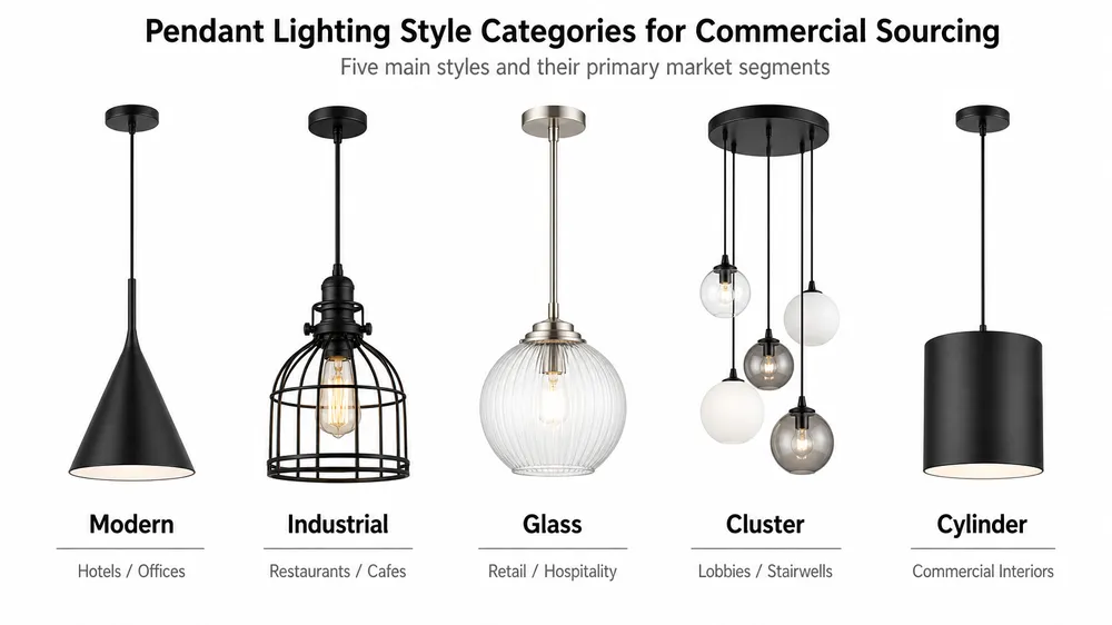 Five pendant lighting style categories shown side by side — modern, industrial, glass, cluster, and cylinder — with commercial application labels