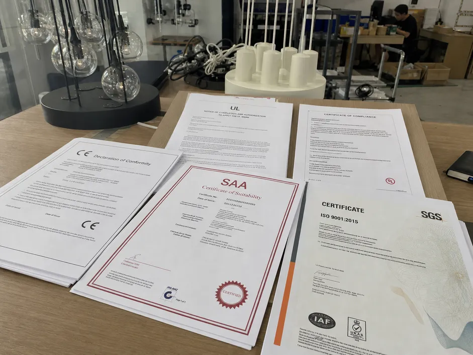 CE, UL, and SAA certification documentation for cluster pendant lighting fixtures
