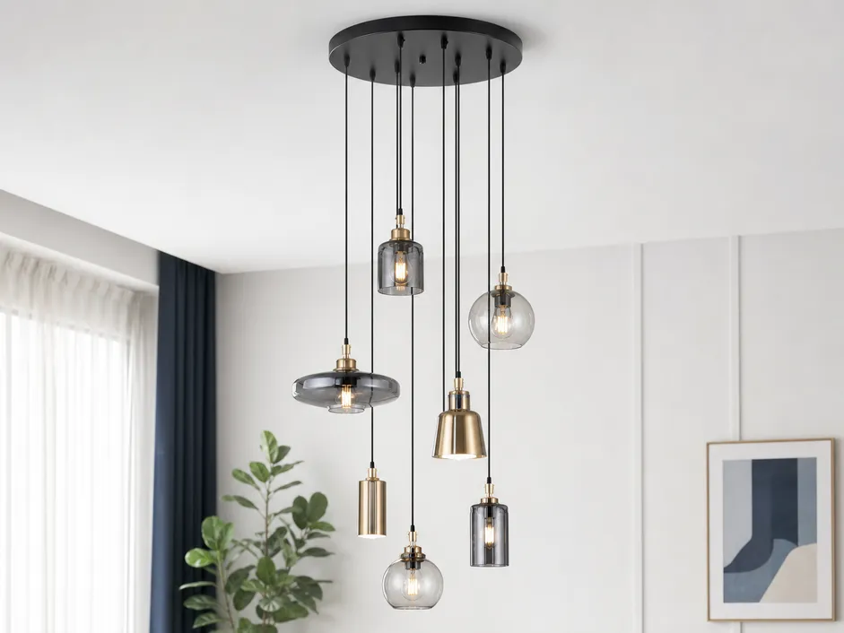Multi-drop cluster pendant lighting fixture with varied cord lengths suspended from a single canopy