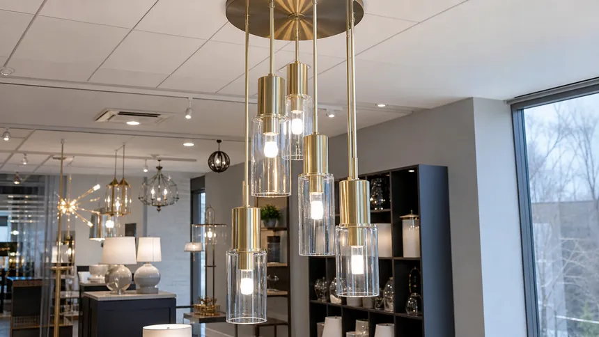 Cluster pendant lighting displayed in a distributor showroom setting