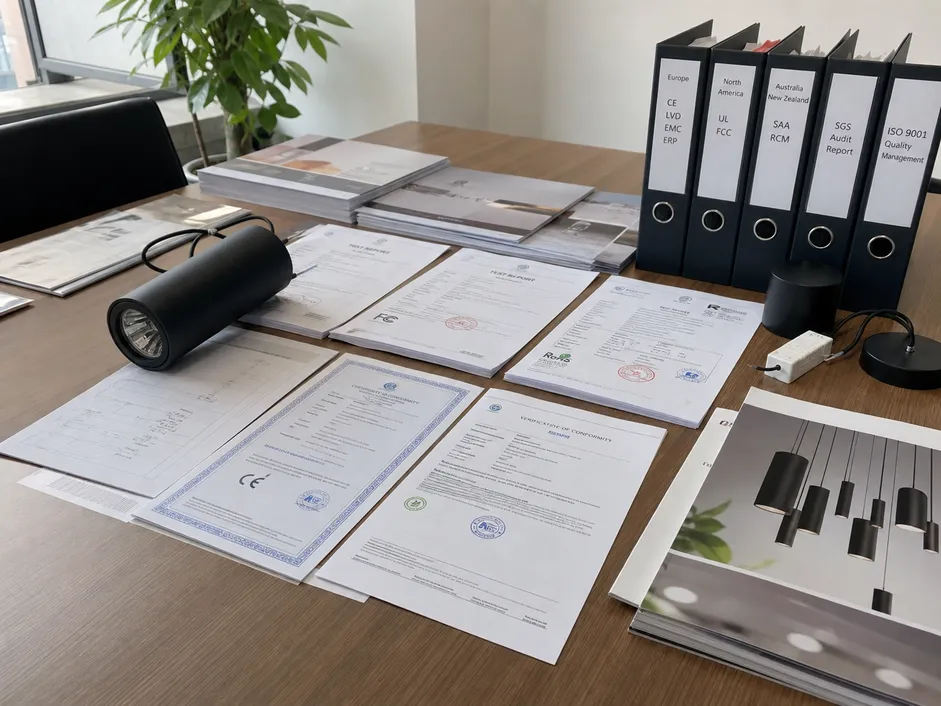 Cylinder pendant lighting certification documentation including CE, UL, and SAA test reports