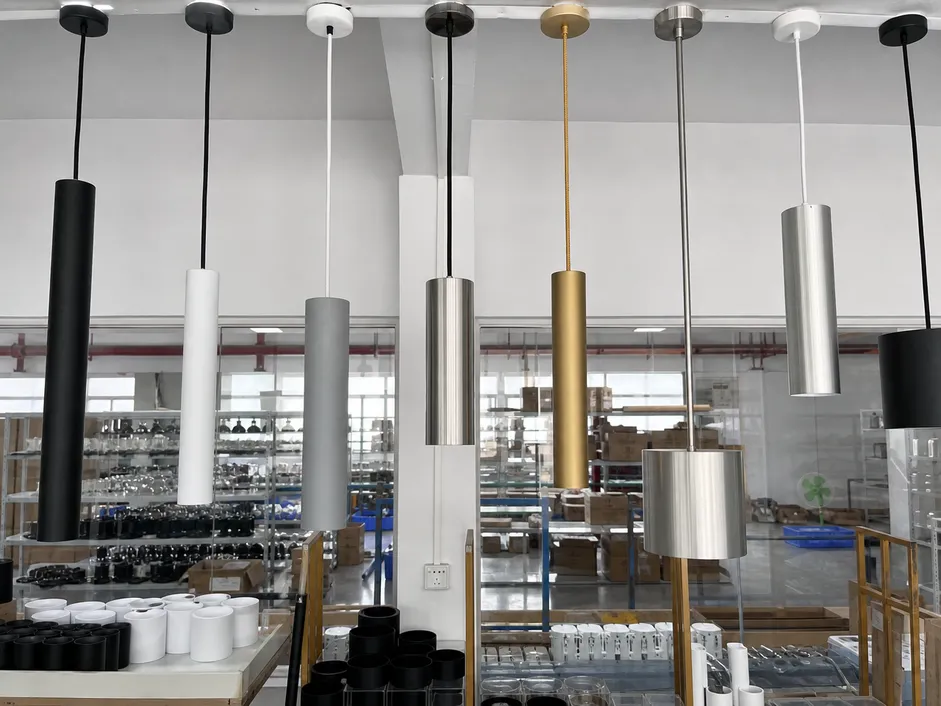 Cylinder pendant lighting customization — shade diameter, finish, and suspension options